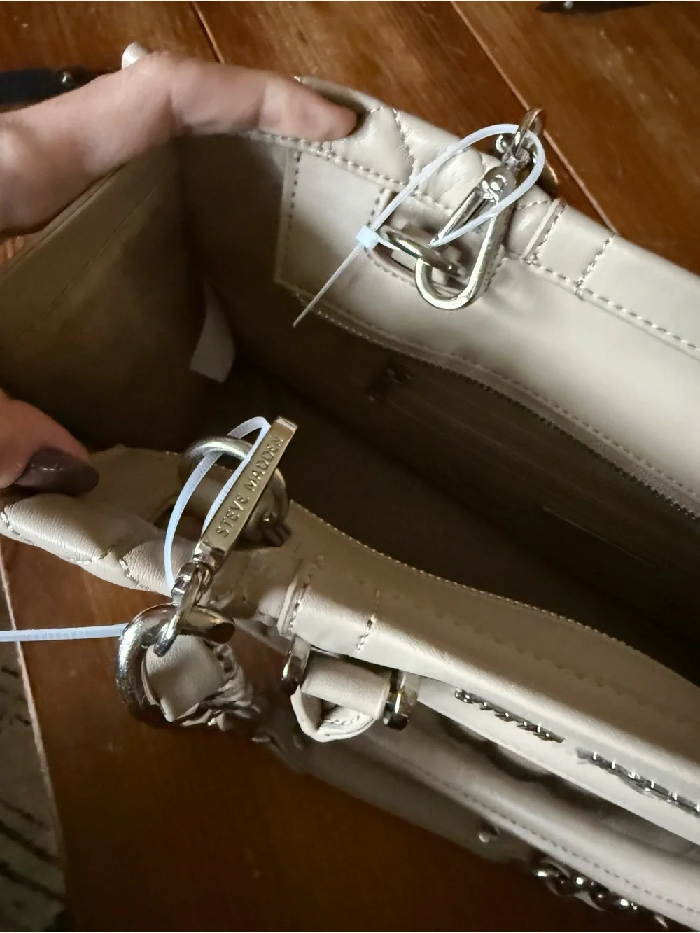 Steve Madden Quilted Cream Satchel with Silver Chain Handles